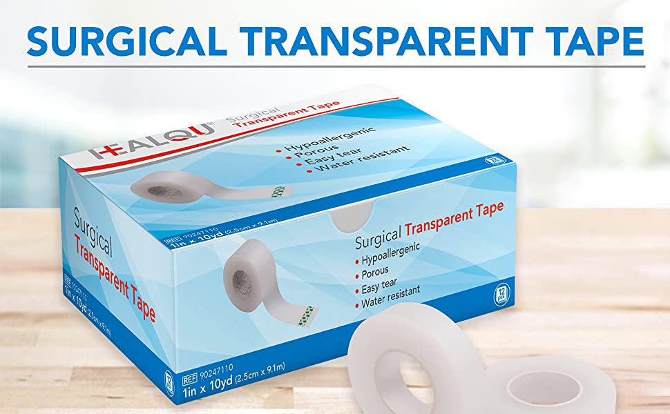 HEALQU Surgical Transparent Tape for Wound Care, Tubing, First Aid Supplies - 1" x 10yd Box of 12 Breathable, See Through, Microporous Waterproof Tape with Gentle Adhesion and Easy Monitoring