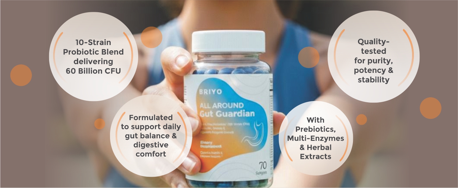 Briyo Gut Health Support – 60 Billion CFU Probiotics with Prebiotics, Digestive Enzymes & Herbs | Gut Guardian Formula to Boost Good Gut Bacteria, Support Digestion & Immunity, and Relieve Bloating & Gas