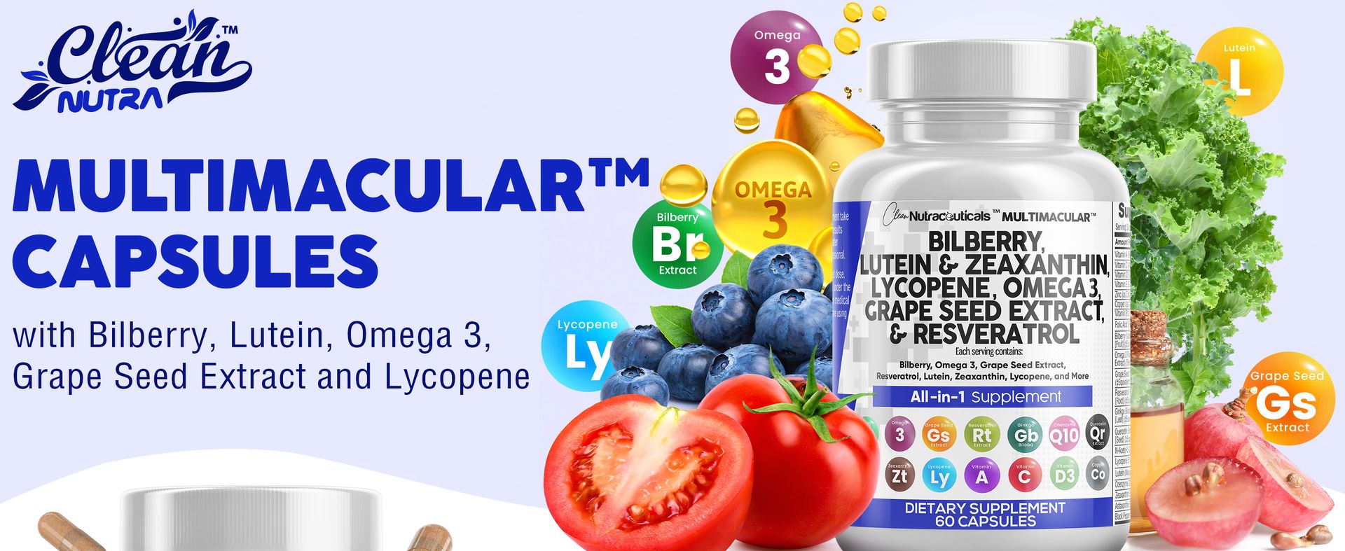 Clean Nutra Eye Vitamins with Bilberry Lutein and Zeaxanthin Supplements Lycopene 40mg Resveratrol Grape Seed Astaxanthin for Eyes - Eye Care Health Support Eye Vitamin and Mineral Supplement