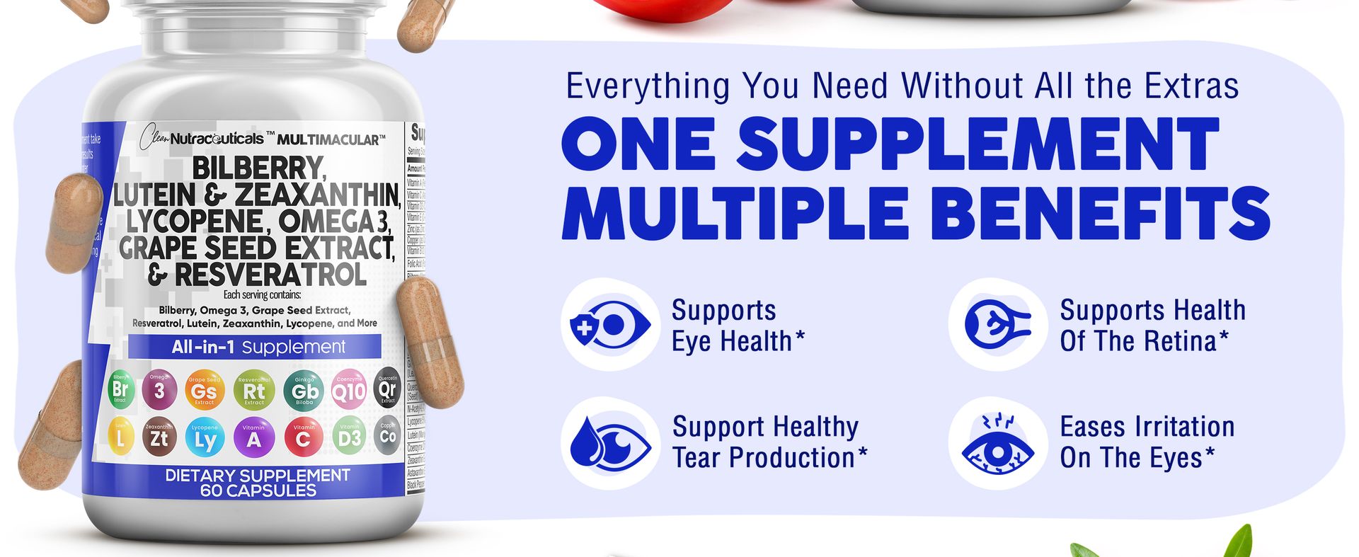 Clean Nutra Eye Vitamins with Bilberry Lutein and Zeaxanthin Supplements Lycopene 40mg Resveratrol Grape Seed Astaxanthin for Eyes - Eye Care Health Support Eye Vitamin and Mineral Supplement