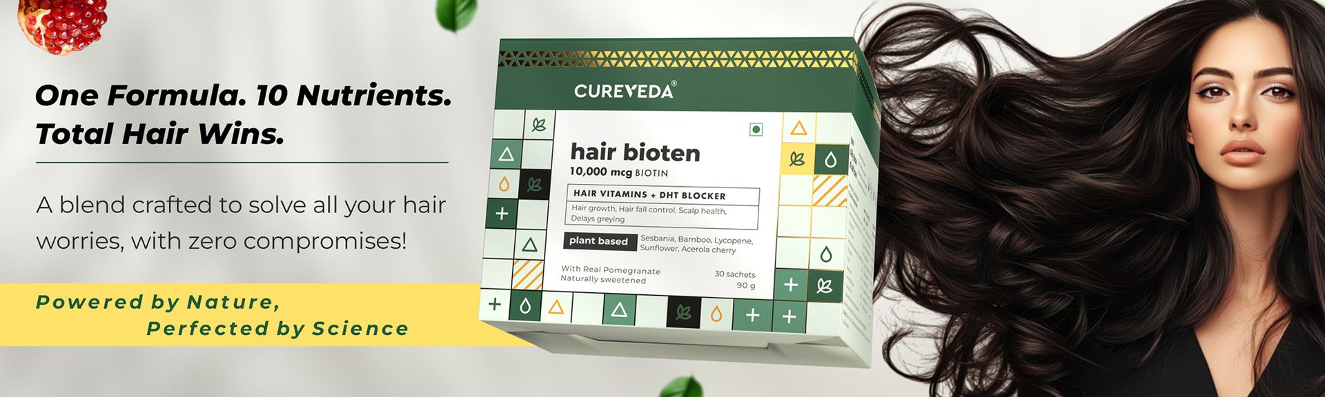 Cureveda Hair Bioten Grow Plant Based Biotin 10000 mcg Powder Supplement for Men & Women | Healthy Scalp and Hair Growth, No Added Sugar, Natural Pomegranate Flavour 30 Sachets