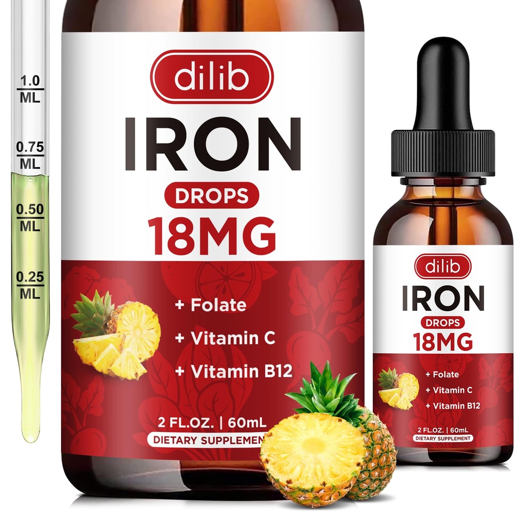 Folyékony vaspótlás nők és férfiak vas cseppek vaspótló vérszegénység folsav, C-vitamin, B12 vörös vérsejt támogatás - ananász aroma, 2 Fl Oz