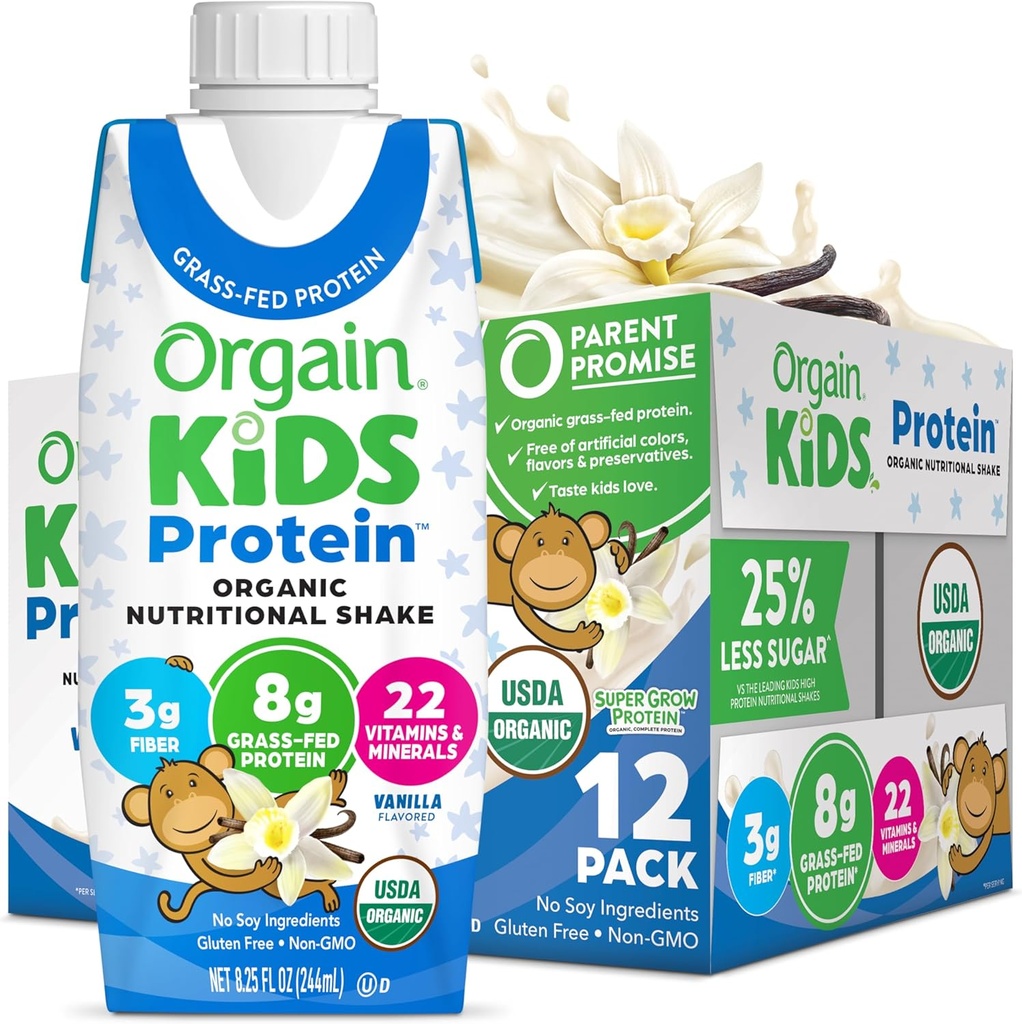 Orgain Organic Kids Nutritional Protein Shake, Vanilla, Healthy Kids Snacks, 8g Dairy Protein, 3g Fiber, 22 Vitaminok és Ásványok, Nincs szója összetevők, Gluten Free, Non-GMO, 8.25 Fl Oz (12-es csomag)