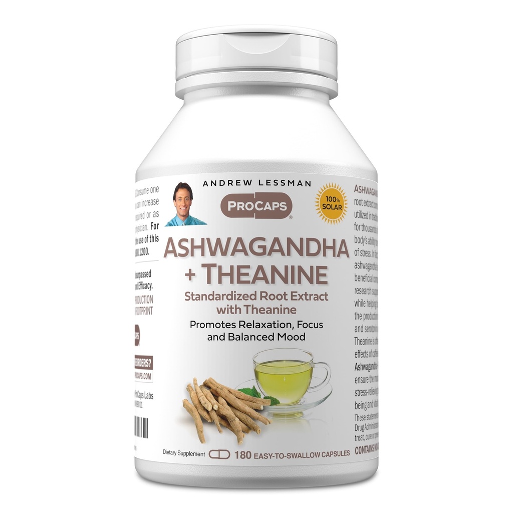 ANDREW LESSMAN Ashwagandha + Theanine 180 Kapseln - Standardisierte Extrakt. Fördert Entspannung, Fokus und Balanced Mood. Kleine einfache Swallow Kapseln