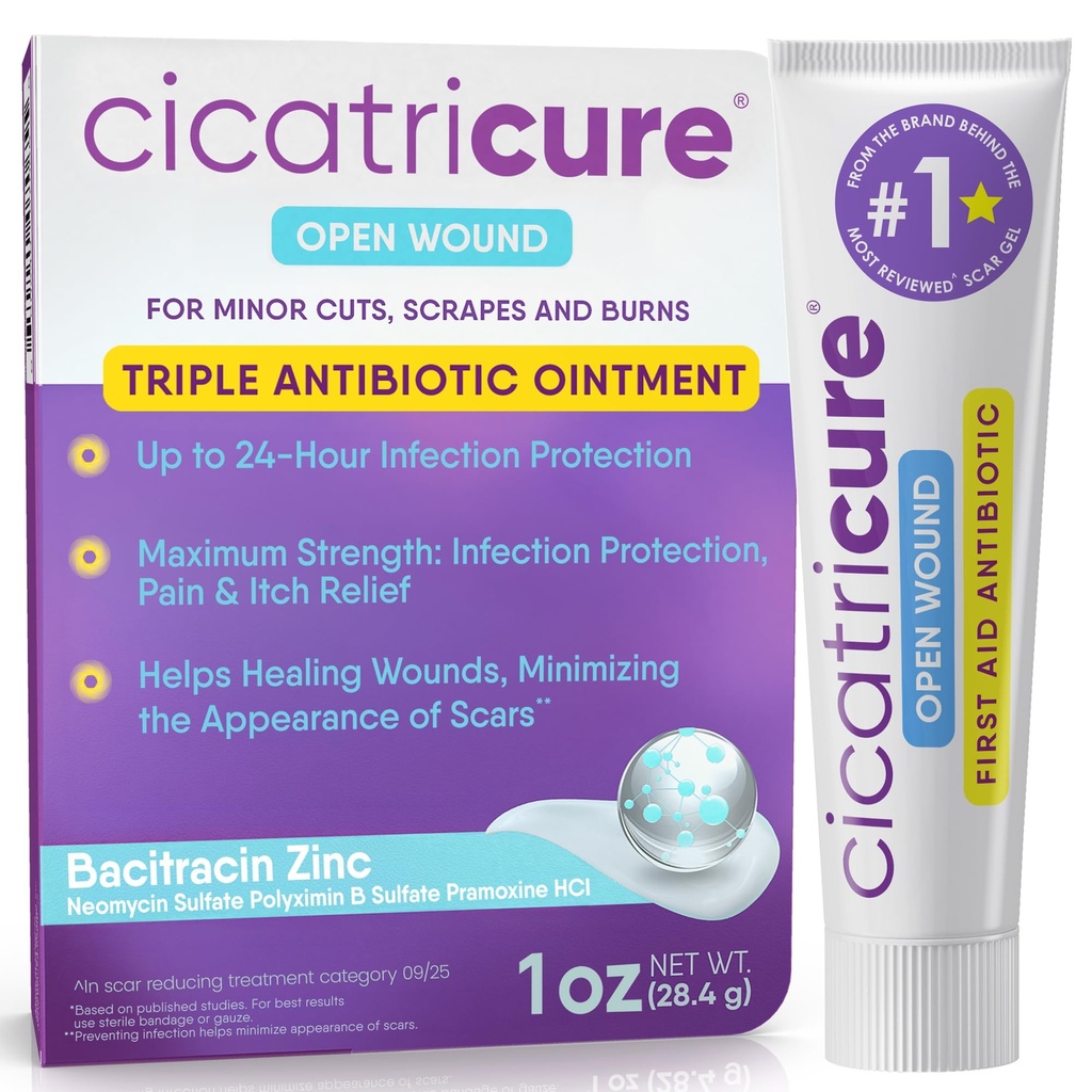 Cicatricure Triple Antibiotische Salbe mit Schmerzlinderung, Bacitracin Antibiotische Salbe & Creme für Wund Pflege, Heilung Salbe für Schnitte, Burns, Insektenstiche, Erste Hilfe liefert essentiell, 1 Unze