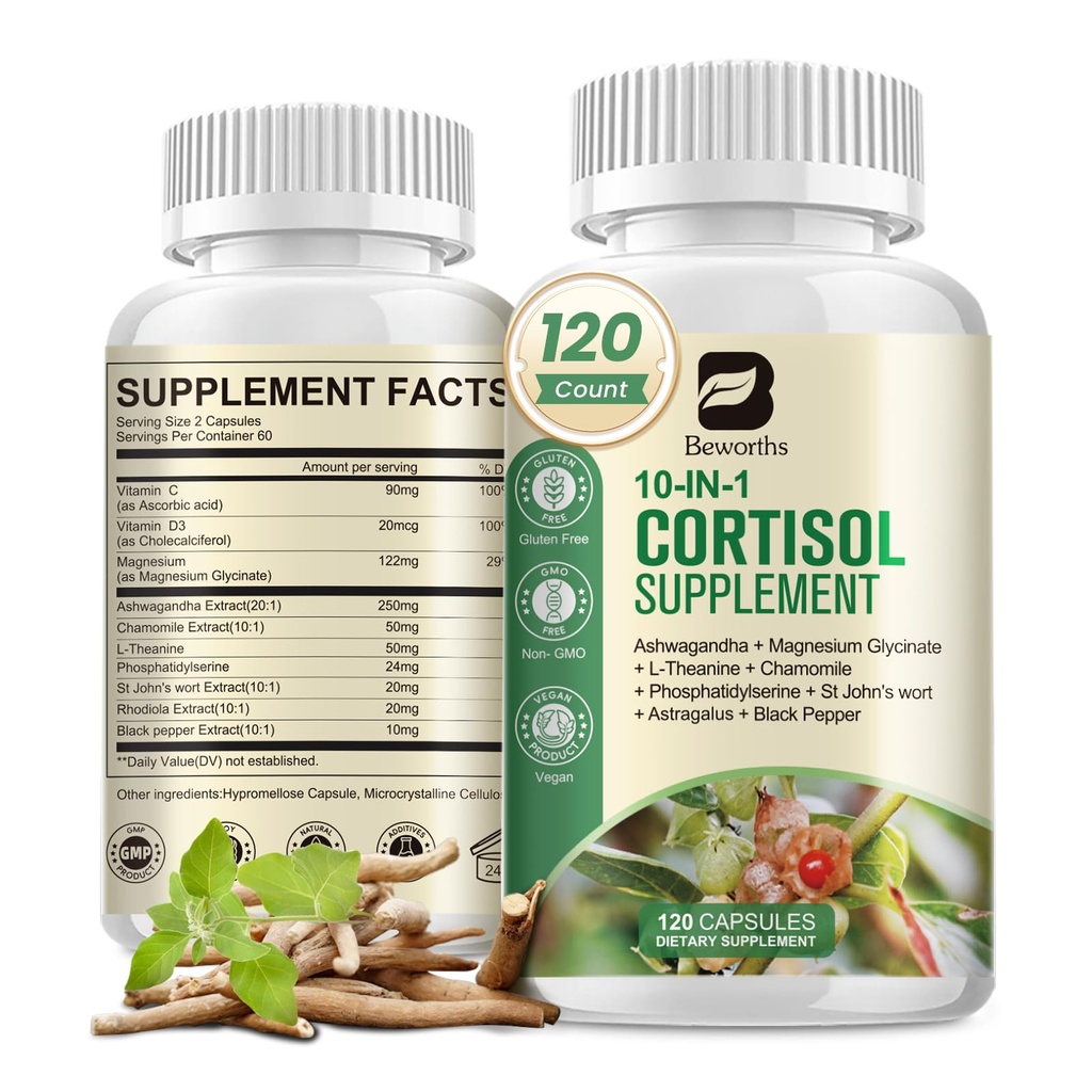 B BEWORTHS Cortisol Supplements for Women Men, 10-in-1 Cortisol Detox with Ashwagandha, Magnesium, L-Theanine, Balanced Cortisol Levels, Night & Calm Support, 120 Vegan Capsules