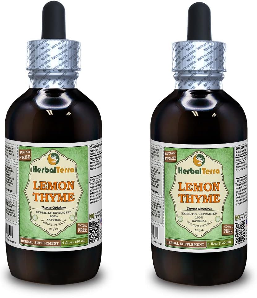 Citrom Thyme (Thymus x Citriodorus) Glicerit, szerves szárított Herb Alkoholmentes Folyékony kivonat (márkanév: HerbalTerra, Proudly Made in USA) 2x4 fl.oz (2x120 ml)