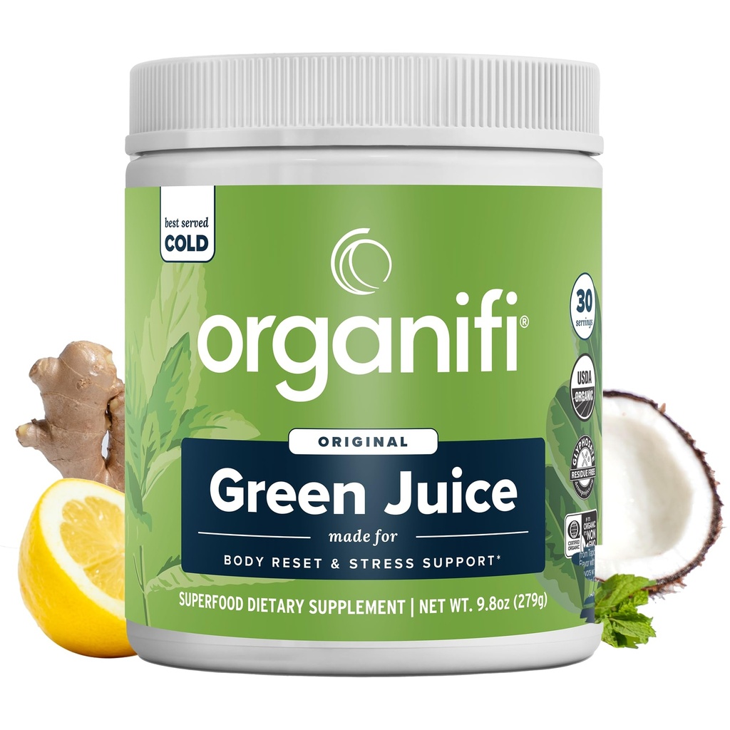 Organifi Grüner Saft - Pulver-Ergänzung mit Bio Spirulina, Ashwagandha und Chlorella - Hilft, Fitnessziele zu erreichen und Cortisol Levels, 30-Day Supply zu reduzieren
