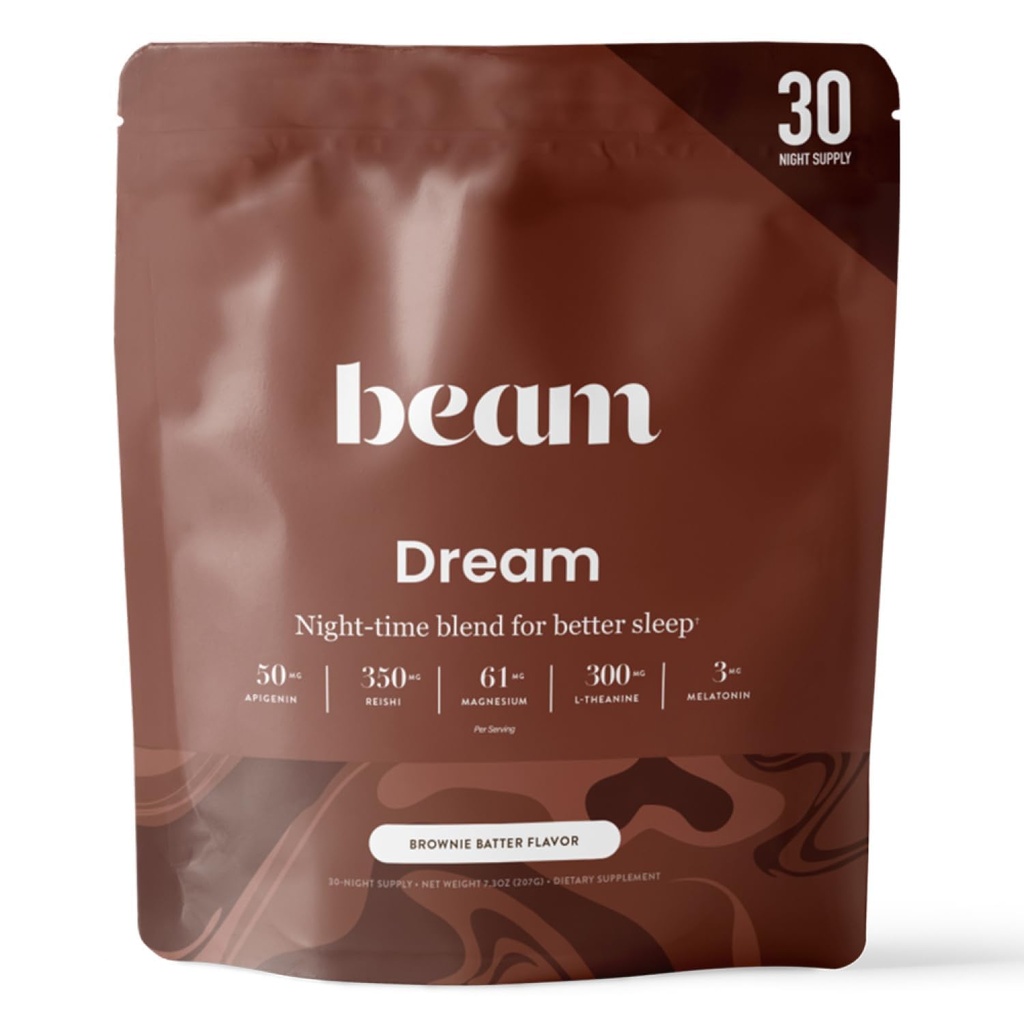 Beam Dream Sleep Powder - Schlafmittel für Erwachsene mit Melatonin, Magnesium, L-Theanin, Reishi Pilz & Apigenin Schlafergänzung, Sleepy Cocoa Bedtime Drink Mix, Brownie Batter Flavor, 30 Portionen