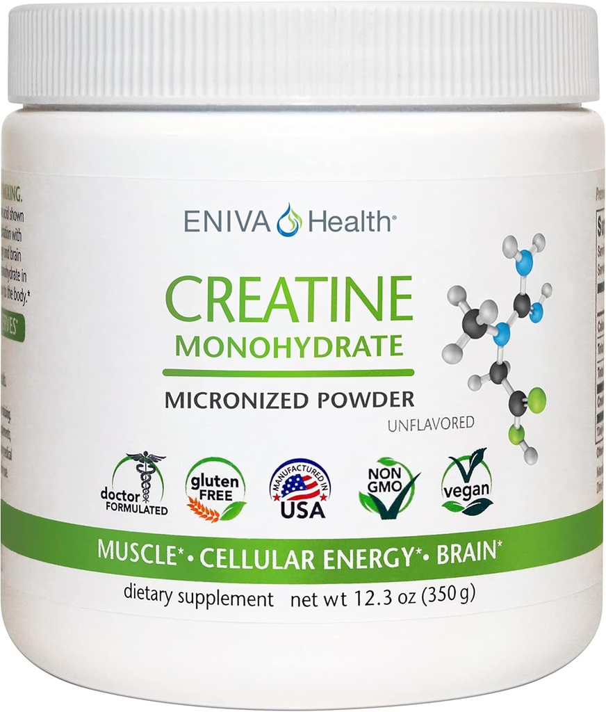 Eniva Health Creatine Monohydrat-Pulver, Aminosäure, mikronisiertes Pulver, 70 Servierungen 5 G 12,3 Unzen, Muskelunterstützung, Muskelwachstum, Zelluläre Energie, kognitiver Fokus, Ultra-Pure, pharmazeutischer Grad