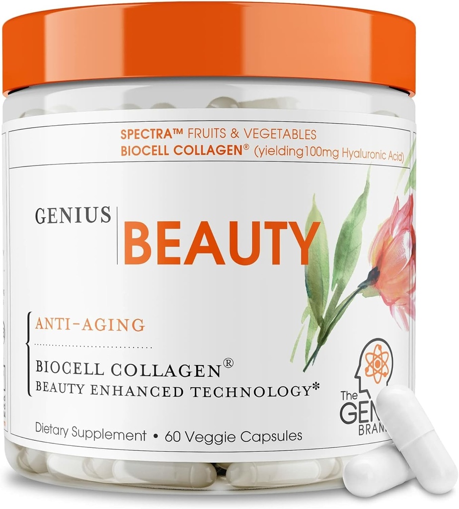 Genius Beauty, Hair Skin & Nails Vitamine, 60 Kapseln - Anti-Aging Antioxidante Ergänzung, hydrolysierte Collagen Pillen, Glutathione & Astaxanthin - Detox Cleanse, Falten, Haarwachstum & Gesunde Haut