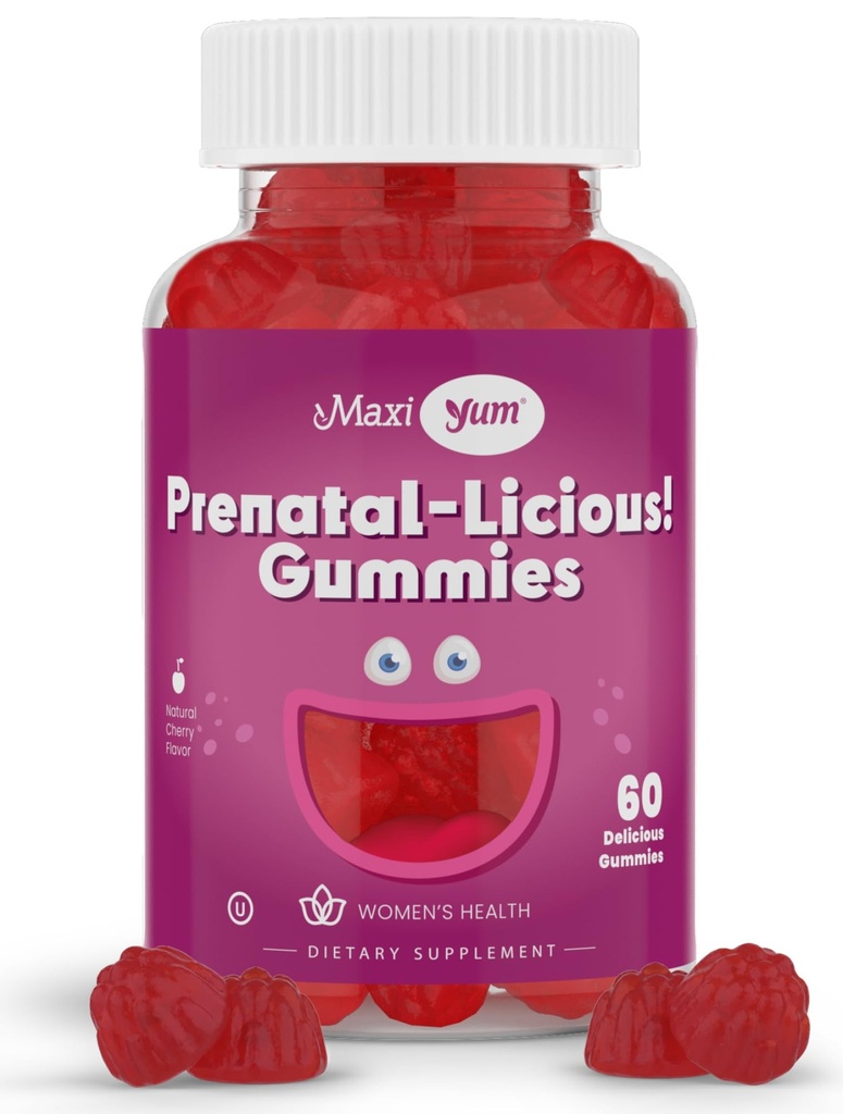 Maxi Health Damen Bio-Prenatal-Gummien - Kosher Cherry Flavored Pre Natal Gummy - Pränatale Vitamine für Frauen mit Folsäure und Eisen für Fetal-Entwicklung, 60 Zähler