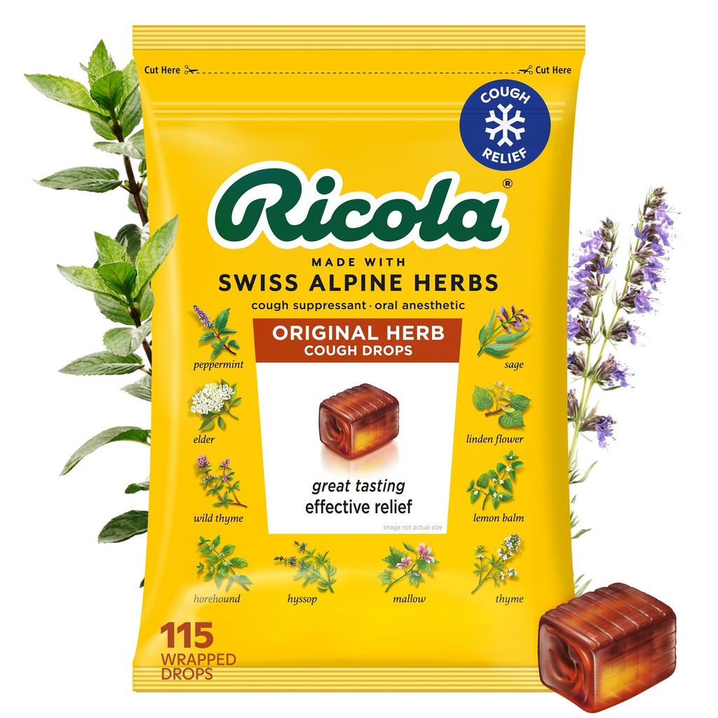 Ricola Original Kräutertee Tropfen, 115 Zähler, Cough Suppressant & Throat Relieving Tropfen mit natürlich Sourced Menthol, Pleasing Kräuter Geschmack für Husten & Throat Irritation Symptom Relief
