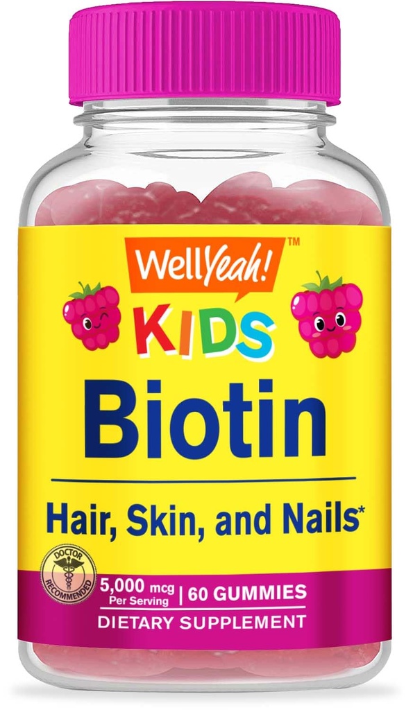 Wellja Biotin Gummis für Kinder 5000 mcg - Unterstützt Haarwachstum, Hautgesundheit und Nägel - Natürliche Quelle Flavors - GMO Free, Glutenfrei - Gummy für Jungen und Mädchen - 60 Count