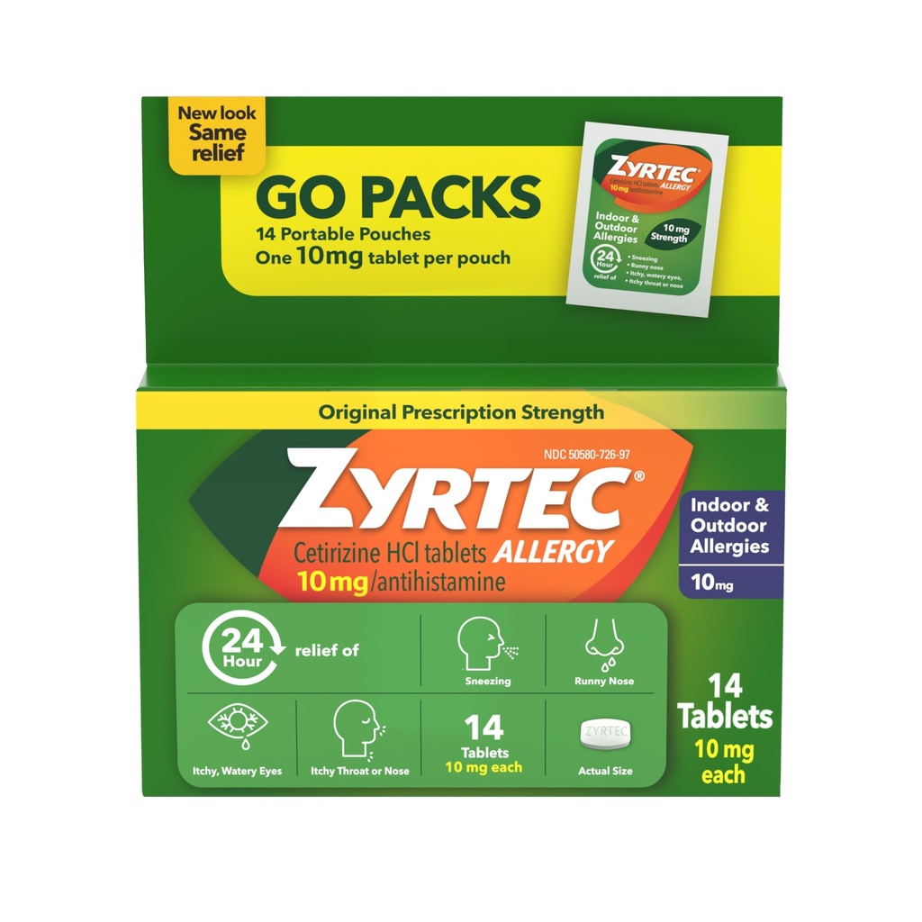 Zyrtec 24 Hour Allergy Relief Tablets, Antihistamin Innen & Außen Anti Allergy Medizin + Cetirizine HCl, Relief von Runny Nose, Niesen, & Itchy Augen, Single Packs, 14 x 1 ct Packets