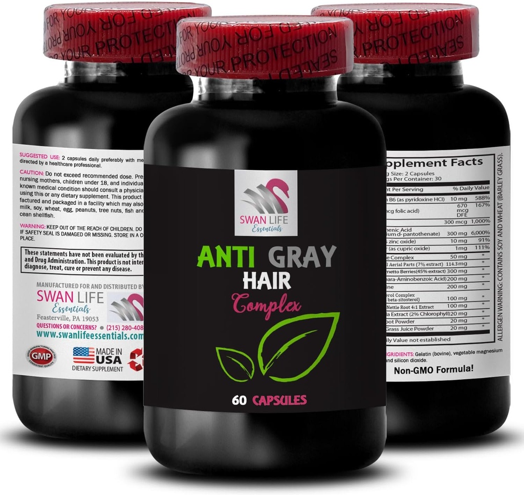 Anti graue Haarpillen - ANTI GRAY HAIR COMPLEX - Graue Haarumkehr, Farbwiederholung, Haarton, Farbe Vitalität Booster, Frische Farbe, Anti graue Haarergänzung, Haartransformation 1 Flasche 60 Kapseln