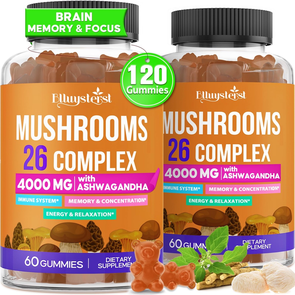 Pilzgummis für Erwachsene 4000mg, Gehirn-Ergänzungen für Gedächtnis und Fokus, 26 in 1 Pilz-Ergänzungskomplex mit Ashwagandha & Lion's Mane, Turkey Tail, Reishi, Cordyceps, Organic, 120 Count