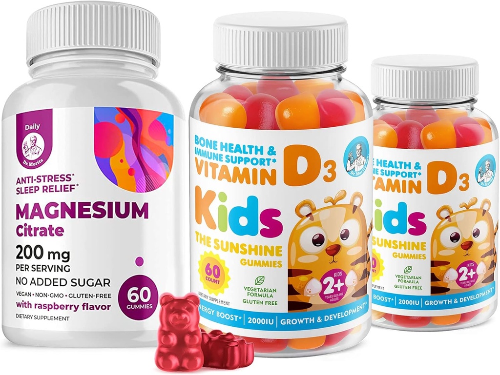 Vitamin D-Gummi für Kinder &Erwachsene 2000 IU und Magnesium-Gummien - Gesundes Vitamin D3 Nahrungsergänzungsmittel 1000IU - Vegetarische Gelatin-freie Immununterstützung mit zuckerfreien Magnesium-Kammkästen für Kinder &Erwachsene