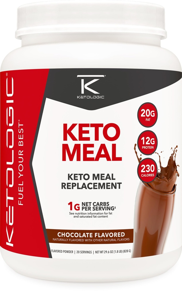 KetoLogic Keto Meal Rázópor az optimális eredményekhez + MCT Olaj + Grass- Fed Whey - Tökéletesen formált Macros Ketosishoz - 20 szertartás - Csokoládé
