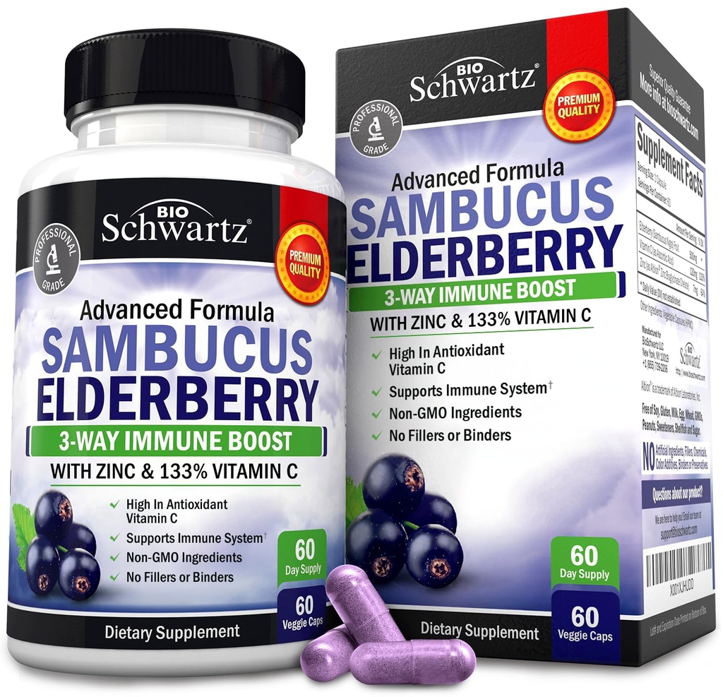 Elderberry Kapseln mit Zink und Vitamin C für Erwachsene - Immununterstützung Vitamine für Frauen und Männer - Schwarze Sambucus Elderberry Vitamin C und Zink - Immune Defense Multiminerals Supplement, 60 Zähler