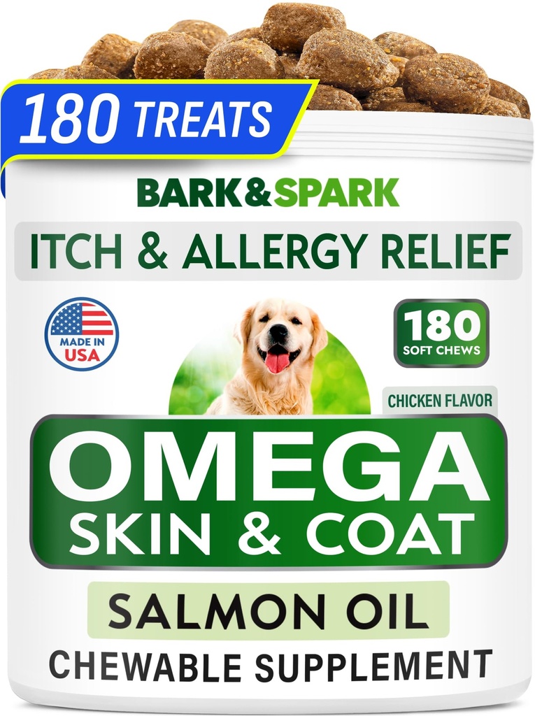 BARK & SPARK Omega 3 kutyáknak - 180 halolaj kezelés kutyasütésre, bőr allergia sajtok, Itch Relief, Hot Spots kezelés - Joint Health - Skin and Coat Supplement - EPA & DHA Fatty Acids - Salmon Oil