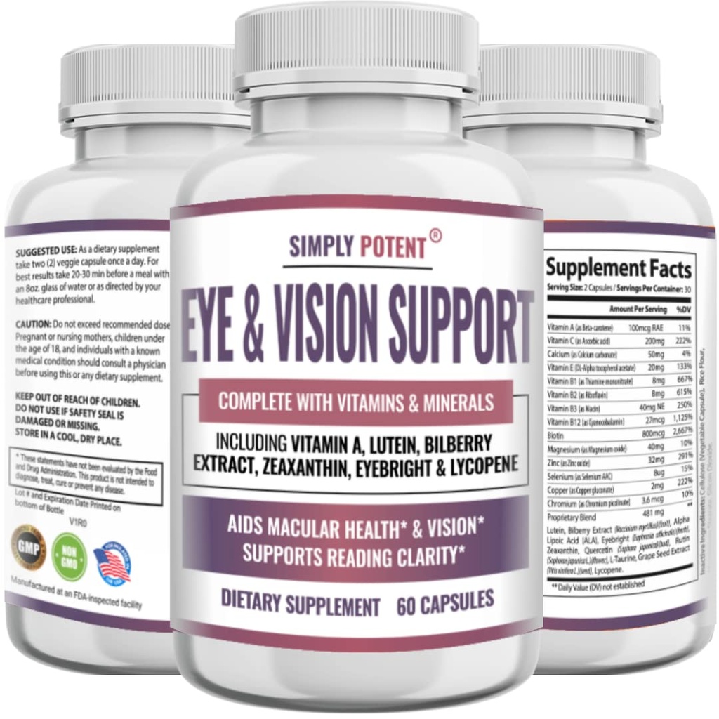 Lutein & Zeaxanthin Eye Health Supplements for Adults, Natural Eye & Vision Formula w/Vitamin A, Lutein, Zeaxanthin, Bilberry Extract, Eyebright & Lycopene for Retina & Lens 60 Caps