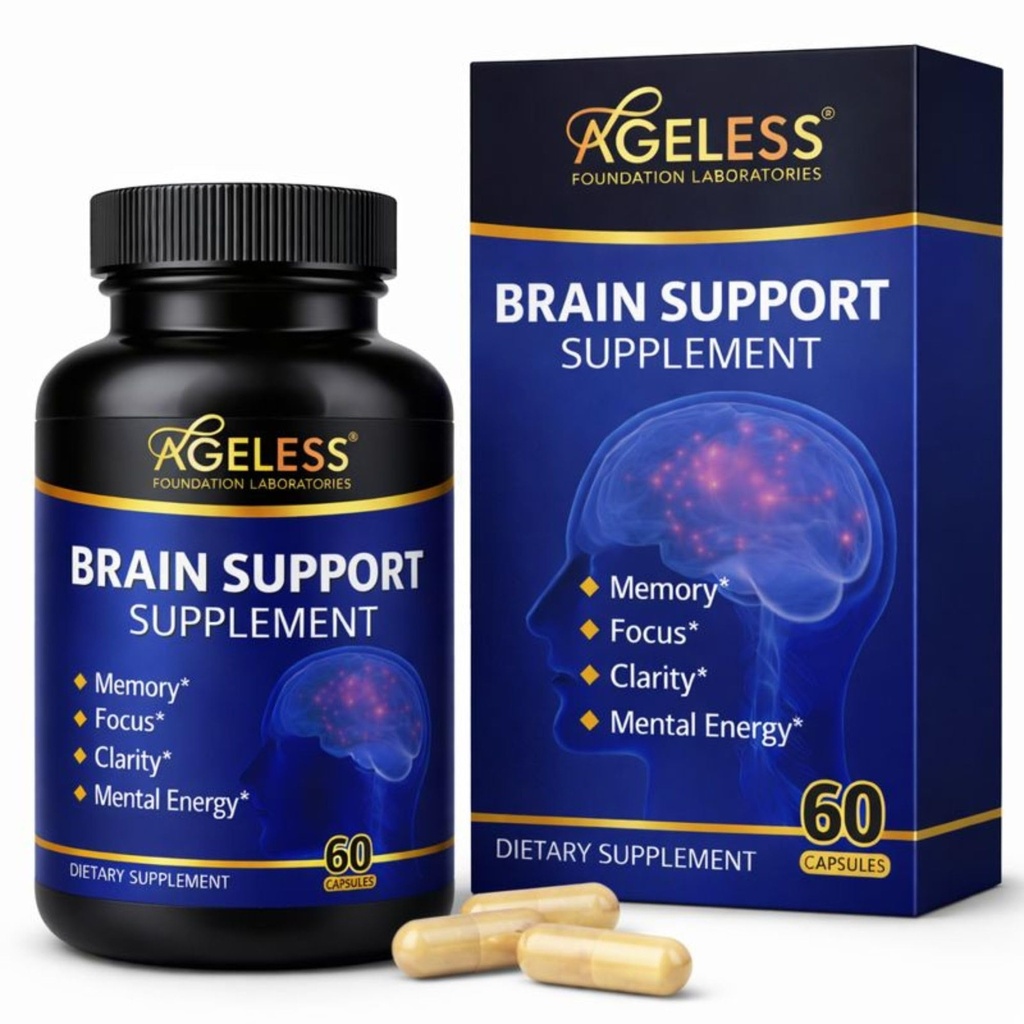 Ageless Brain Ergänzungen für Gedächtnis und Fokus & Kognitive Verbesserung | Nootropic Brain Ergänzung für Männer & Frauen | Unterstützung Mental Clarity & Neuro Health | Einschließlich Vitamin B6, B12, 60 Kapseln
