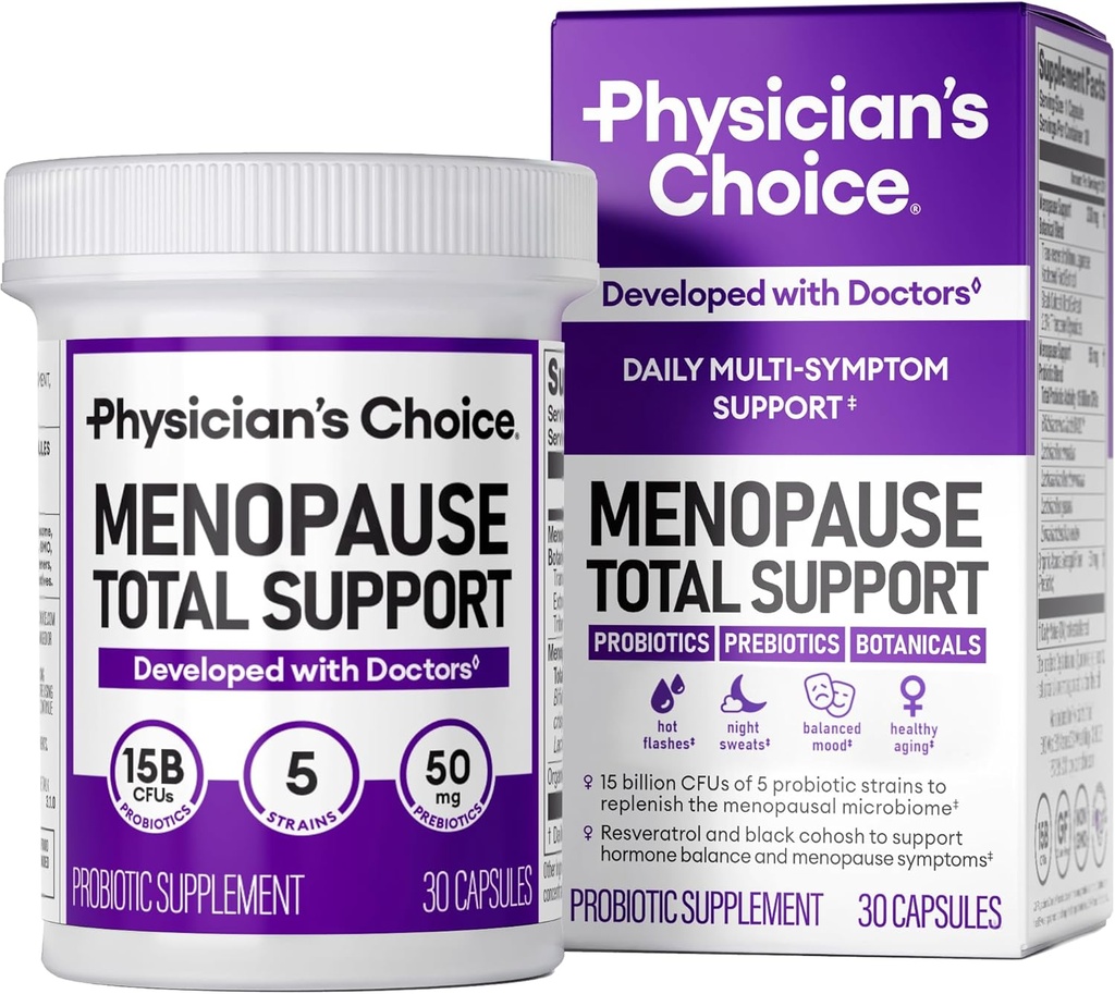 Physician's CHOICE Menopause Probiotische Ergänzung für Frauen - unterstützt Hormon Balance, Hot Flashes, Nacht Sweats, Gewichtsmanagement, Bloating & Gut Health - mit Black Cohosh, Resveratrol + - 30ct