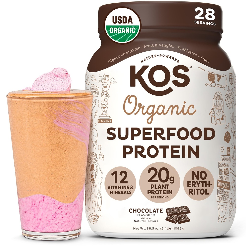 KOS Vegan Protein Pulver Erythritol Free, Schokolade - Organic Pea Protein Blend, Pflanzenbasierte Superfood reich an Vitaminen & Minerals - Keto, Dairy Free - Meal Ersatz für Frauen & Männer, 28 Servierungen