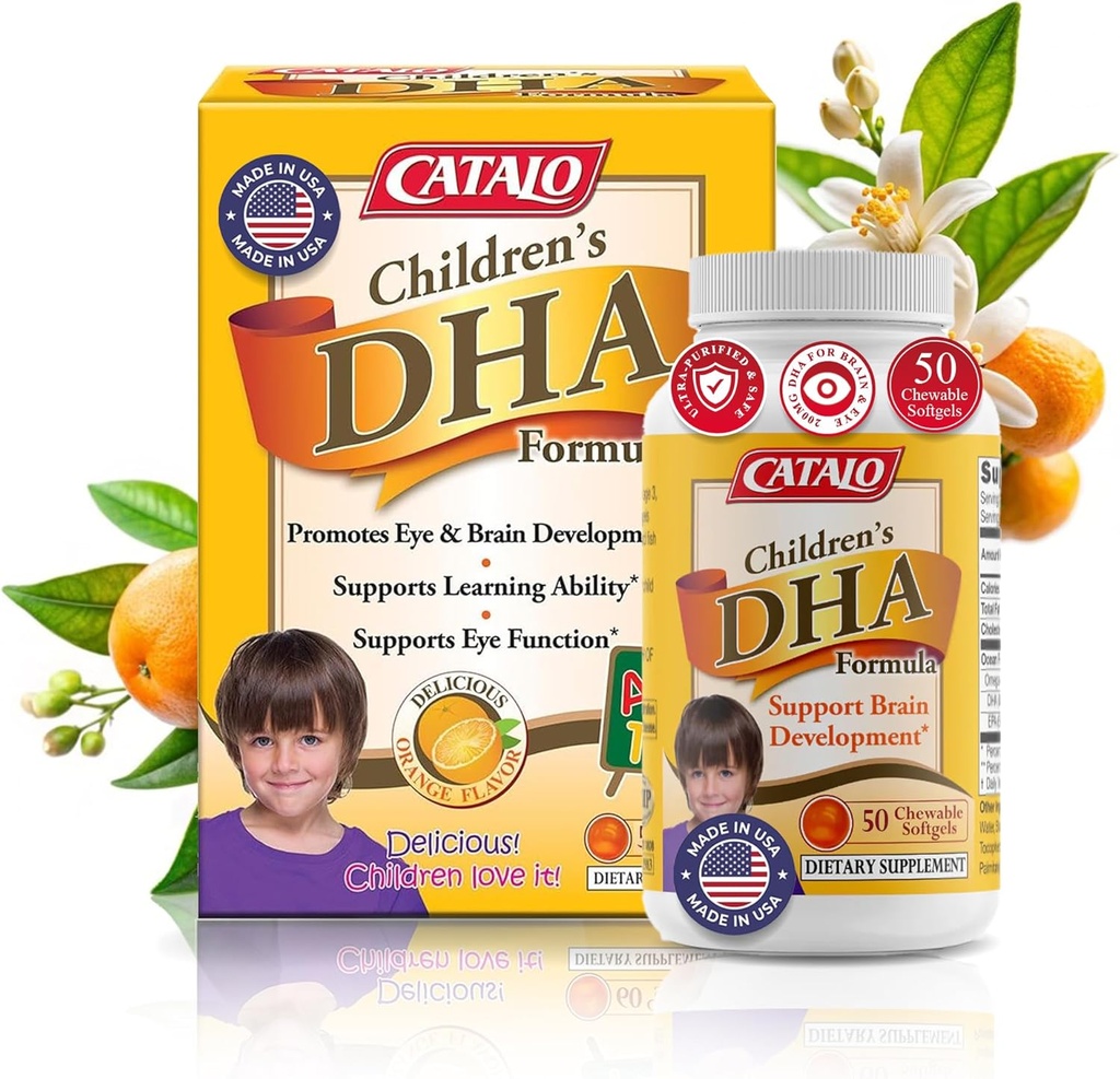 CATALO Kinder DHA Formel Fisch Öl Ergänzungen, Kaubare Softgels, 200mg DHA pro Servieren, Omega-3, Natürliche Orange Geschmack für Kinder, für Gehirn Funktion & Augenentwicklung, einfach zu bedienen, 50 Softgels