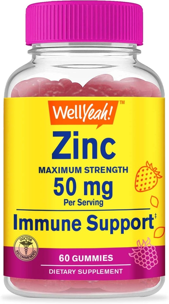 WellJa Zinc Gummies 50 mg - Unterstützt gesunde Immunfunktion und Antioxidante Gesundheit - Natürliche Berry Flavor - Glutenfrei, GMO-frei - Kaubare Gummy Nahrungsergänzung - 60 Gummi