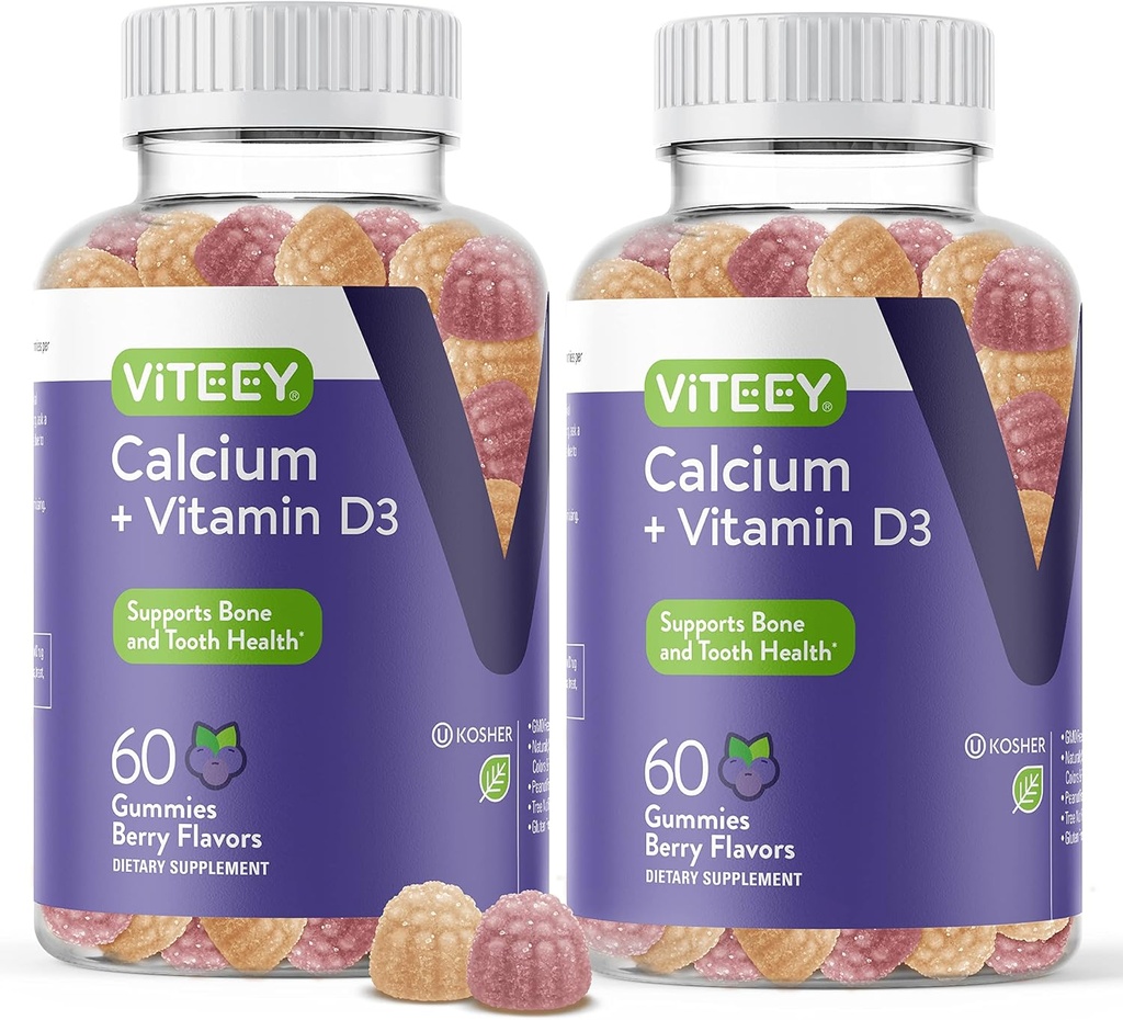 Kalziumgummis mit Vitamin D3 - unterstützt Knochengesundheit & Zahngesundheit - Kaubare Kalziumgummis für Damen, Herren &amp; Teens - Kosher, Glutenfrei, GMO Free, Tasty Berry Flavored Calcium Chews Gummy
