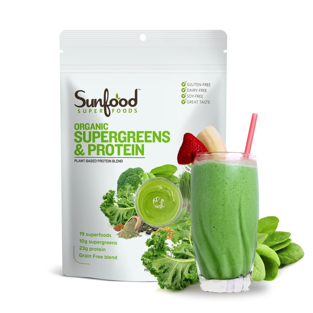 Sunfood Organic Supergreens & Protein - Greens Superfood Powder, Organic Protein Powder, Plant Based Vegan Protein, Super Greens für Gut Health w/Chlorella & Spirulina, 23g Protein Per Serving - 8 oz