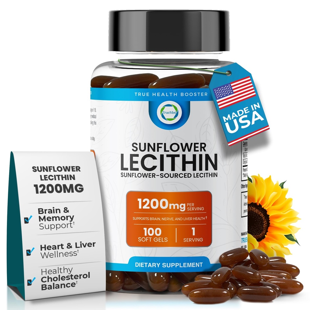 Sonnenblume Lecithin 1200 MG 100 Softgels, 100-Tage-Versorgung Garantiert reine, Non-GMO, Soy-Free, unterstützt Gehirn, Herz, Nerve, Lebergesundheit, Kognitive Funktion, Gesunde Cholesterin, hohe Absorption Formel