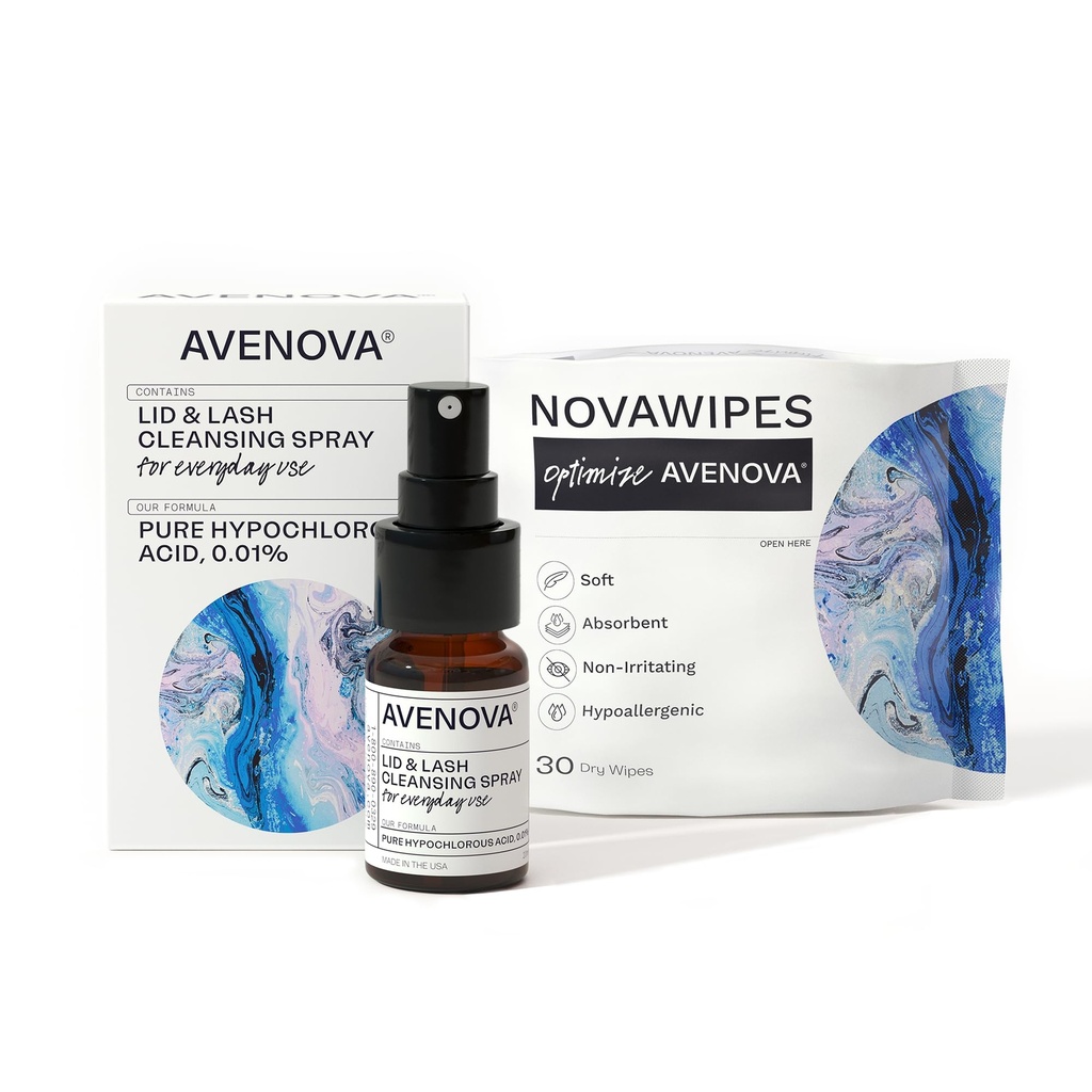 Avenova Eyelid és Eyelash Cleanser Spray 30 száraz törlőkendővel - gyengéd mindennapos hypochlorosus acid Lid és Lash tisztító spray tiszta és egészségesebb szemekért, 20ml