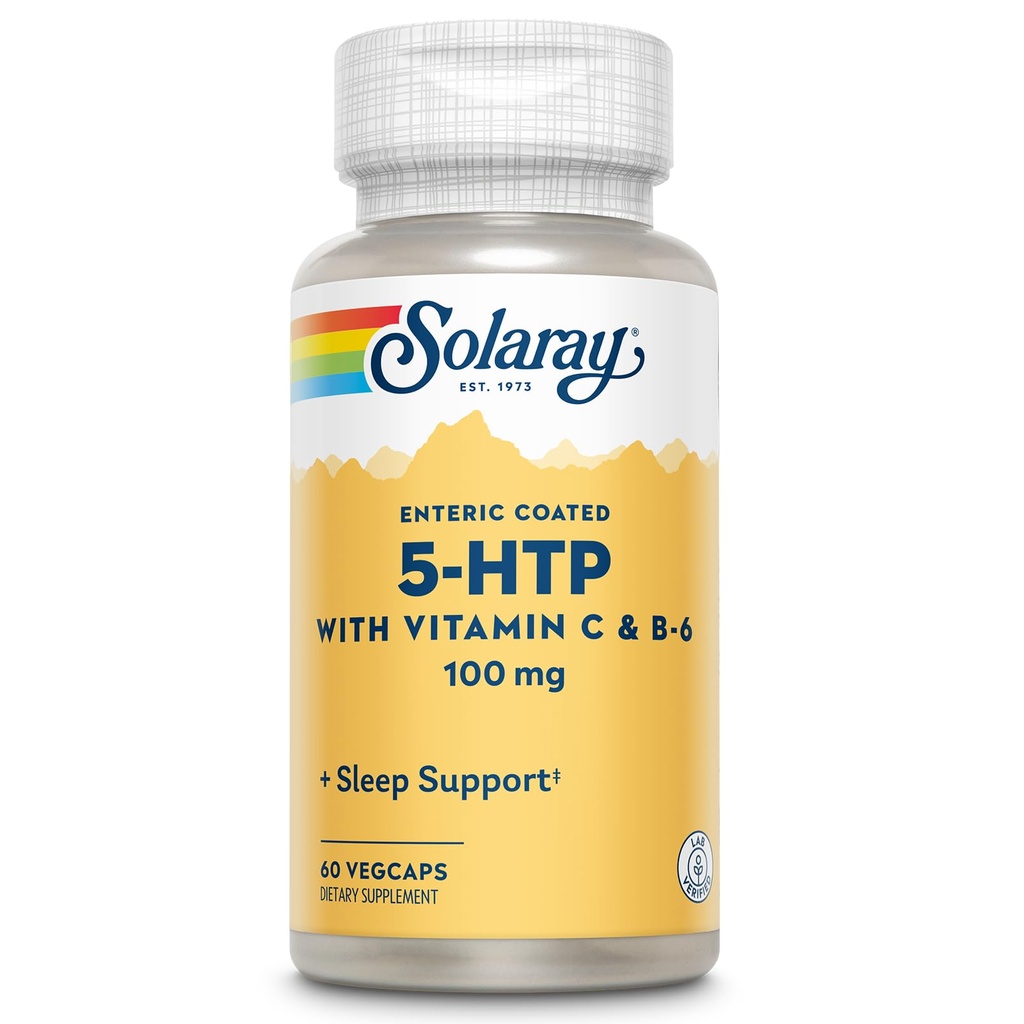 SOLARAY 5 HTP kiegészítés C-vitaminnal és B- 6 - Alváskiegészítés és szerotonin szintetizáló támogatás - Lab ellenőrzött, 60- napos pénz- visszafizetési garancia - 60 szervadékok, 60 Enteric Coated VegCaps