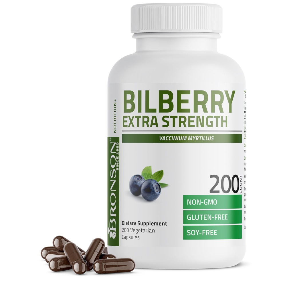 Bronson Bilberry Extra Strength Vaccinium Myrtillus, Promotes Eye Health and Supports Health Vision - Nem GMO, 200 Vegetáriánus kapszula