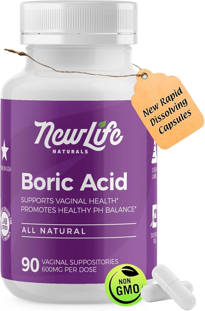 NewLife Naturals - Medizinische Grad Borsäure Vaginal Suppositorien - 600mg - 100% reine Frauen pH Balance Pillen - Hefe Infektion, BV - 90 Kapseln: Made in USA