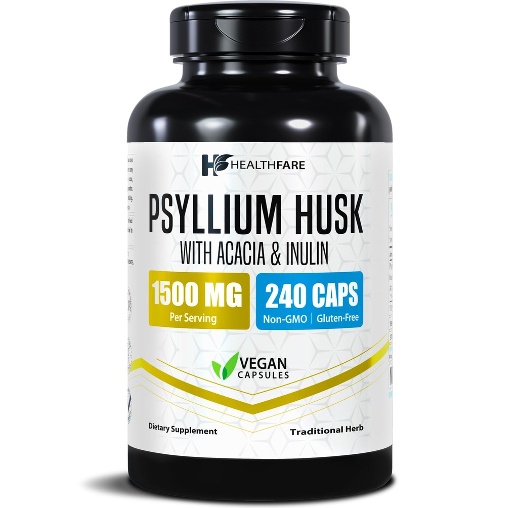 Healthfare Psyllium Husk Fiber 1500mg | 240 Vegan Kapseln | Extra Strength Fiber Supplement | Unterstützt Verdauungsgesundheit | Non-GMO, Gluten-Free | Made in USA