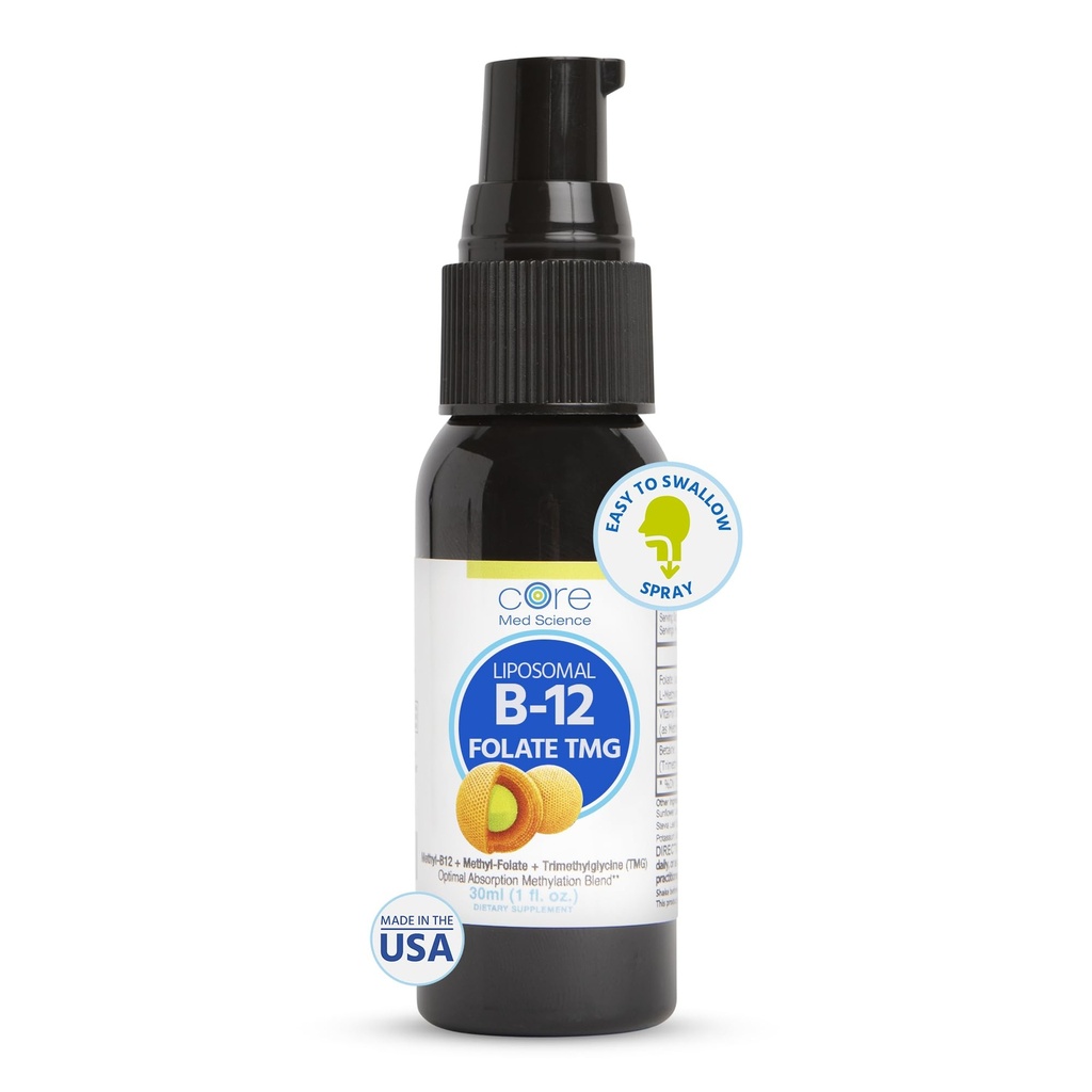 Core Med Science Liposomal B12 Folate TMG Flüssig-Spray-Ergänzung für Frauen & Männer - Unterstützt Mood, kognitive, & Herzgesundheit - Vitamin B9 & Betaine für Homocystein Levels & Methylierung Cycle, 1 Fl Oz