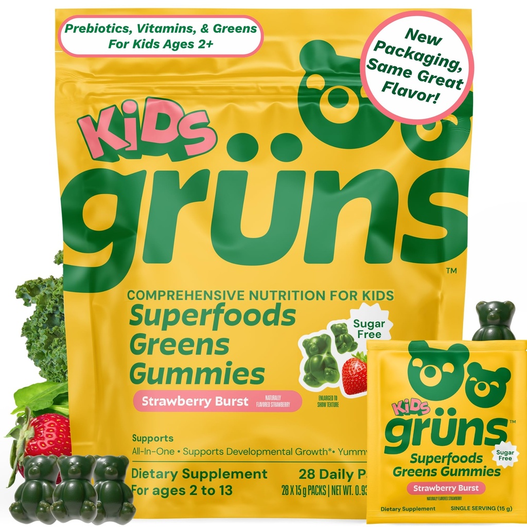 Gruns Multivitamin für Kinder, Super Greens Gummis, Superfood Gummy Bears mit 20+ Vitaminen & Minerals, Spirulina, Chlorella, Prebiotics Fiber for Digestive Health, Adaptogens Supplement, 28 Tage Versorgung