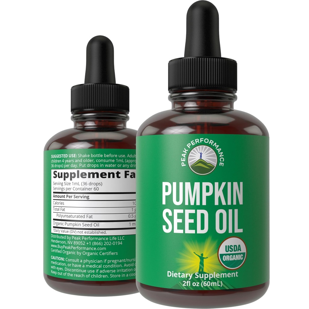 Pumpkin Seed Oil. USDA Organic Vegan folyadék cseppentő kivonat a nők és férfiak. Kiegészítés a haj növekedés, bőr egészség, UT, Prosztata támogatás. Zéró cukor, glutén mentes.