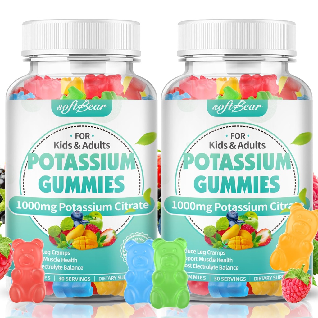Softbear Kalium Citrate Gummis, Hohe Potenz Kalium Citrate 1000mg unterstützt Leg Cramps & Muskel-Gesundheit Kalium Gummi für Erwachsene & Kinder gemischte Frucht Flavor 120 Zähler