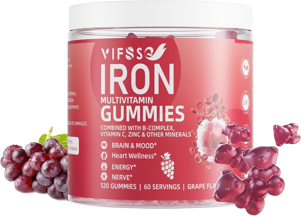 Eisengummis Zuckerfrei, 120 Gummieisen Ergänzung für Frauen Multivitamin mit Eisen, Vitamine & Zink für Frauen, Männer & Kinder-Griff Flavor, Vegan Ergänzung, Folate für Energie- Nein Nach Geschmack