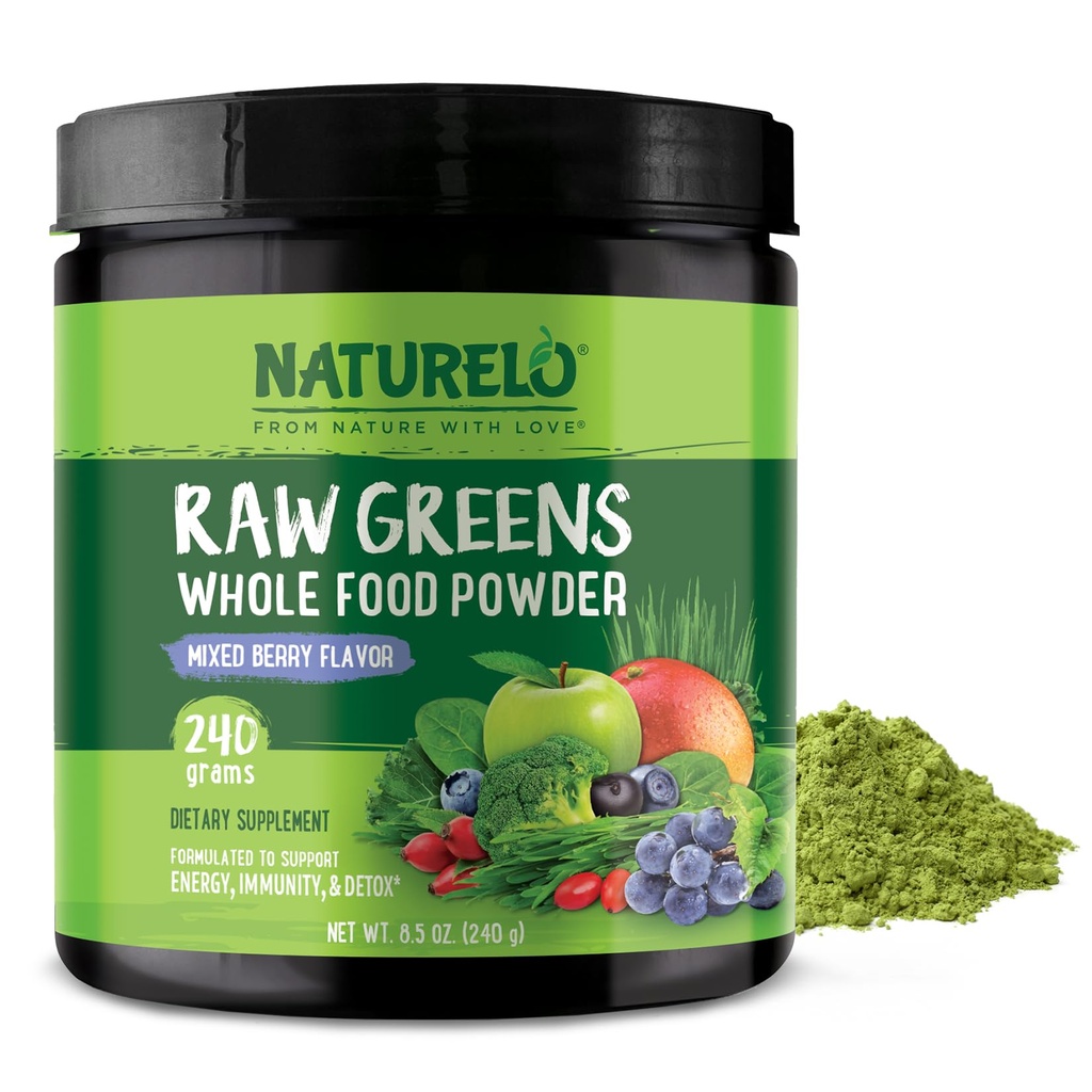 NATURELO Raw Greens Superfood Powder 240 Gramm, Mischbeere - Unterstützt Energie, Immunität und Detox - Inklusive Spirulina, Weizengras und Bio-Grüne für Ganze Ernährung