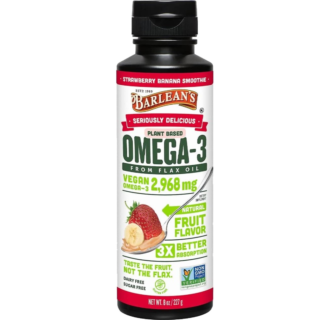 Barleans Erdbeere Banana Flaxseed Oil Liquid, Vegan Omega 3 6 9 Ergänzungen für Kinder & Erwachsene aus kaltgepresstem Flax Seed Oil mit 2,968 mg Vegan Omegas, Non-GMO & Gluten Free, 8 oz