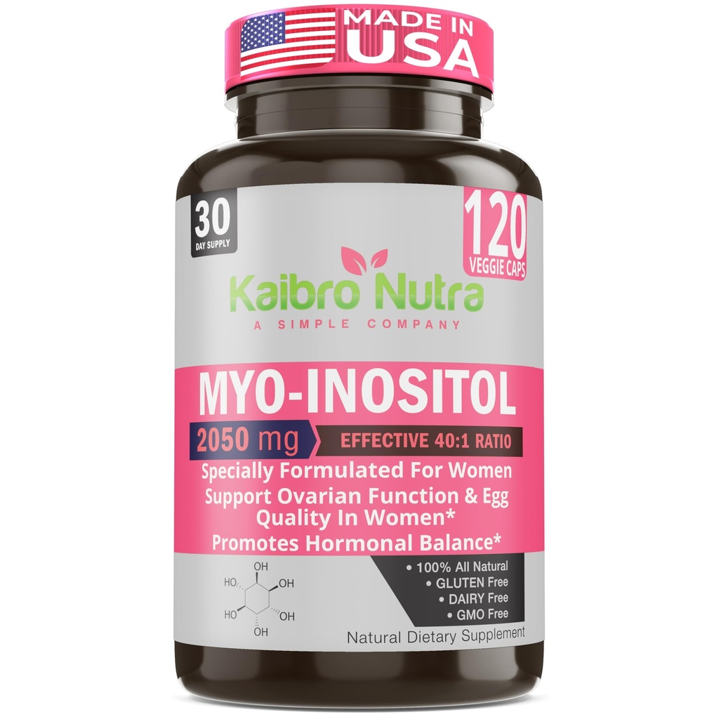 Kaibro Nutra Myo-Inositol Supplement, Myo-Inositol & D-Chiro Inositol 40:1 Ratio, Hormon Balance & Ovarian Unterstützung für Frauen mit Vitamin B8, 2050mg, Vegan, Non-GMO Kapseln 120 Count