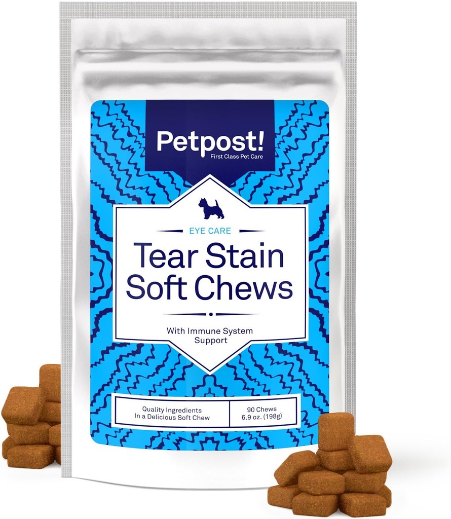 Petpost Tear Stain Remover Soft Chews für Hunde | 90 Count Cheese Flavor Dog Tear Stain Support Supplement | Gentle Eye Care for White Dogs & Light Breeds | Tylosin Free, Made in USA