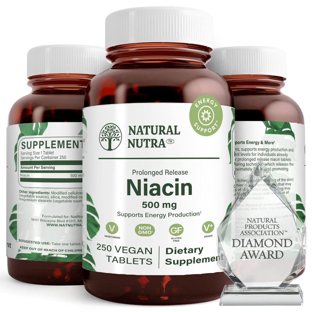 Natural Nutra Time-Release Slow Niacin 500mg (Vitamin B3), Support Healthy Cholesterol, Promotes Cardiovascular Health, Promotes Skin Cells and Improve Cognitive Function, 250 Vegan Tablets