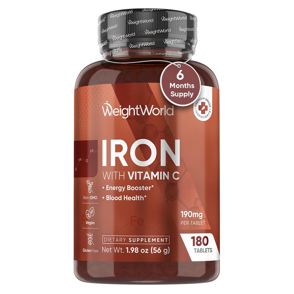 WeightWorld Iron Supplement 65mg - mit Vitamin C 125mg - 180 Vegan Tabletten (6 Monate Versorgung) - Gentle Carbonyl Iron Supplement für Damen und Herren - Energy Booster & Blood Heath - Non-GMO & Gluten-Free
